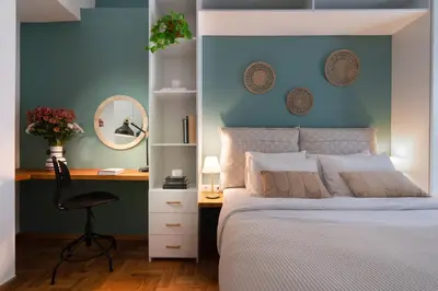 a bedroom with a bed and a desk with a mirror at Adela's Apartment BR & LR Next to Metro and 20' From Acropolis in Athens