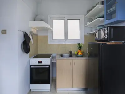 a small kitchen with a sink and a refrigerator at Cozy Loft with private terrace in the heart of Koukaki, Athens in Athens
