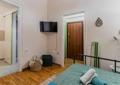 a bedroom with a bed and a television on the wall at Green boho apartment in Athens