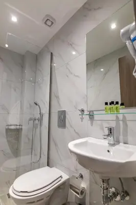 a bathroom with a toilet and a sink and a shower at New Amaryllis Hotel in Athens