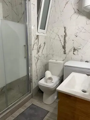 a bathroom with a toilet and a shower and a sink at Pagrati Green Studio in Athens