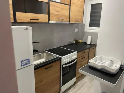 a small kitchen with a sink and a refrigerator at Pagrati Green Studio in Athens