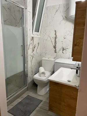 a bathroom with a toilet and a shower and a sink at Pagrati Green Studio in Athens