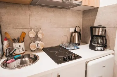 a kitchen counter with a sink and a stove at Technopolis Luxury Apartments in Athens