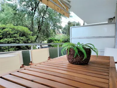 a potted plant sitting on a wooden table on a balcony at Vouliagmeni Iasonos Residence Central Stylish Flat in Athens
