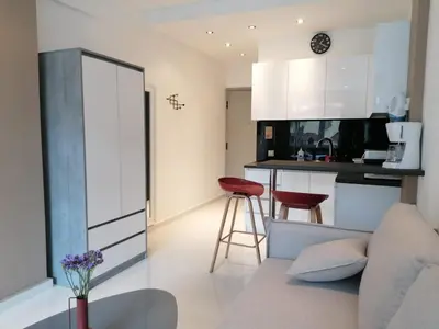 a living room with a couch and a kitchen at Syntagma Nest Apartment in Athens
