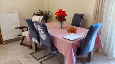 a pink table with chairs and a vase of flowers at Denis house in Artemida