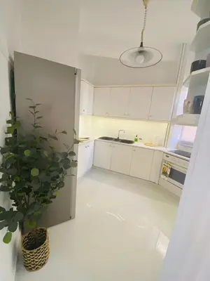 a white kitchen with a potted plant in the corner at 2 BD Apt in Koukaki 8’ away from Acropolis in Athens