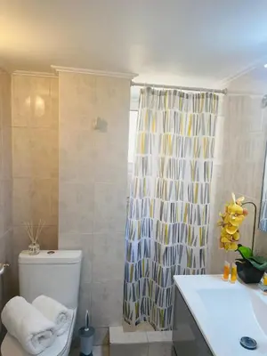 a bathroom with a toilet and a shower curtain at 2 BD Apt in Koukaki 8’ away from Acropolis in Athens