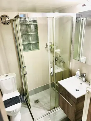 a bathroom with a shower and a toilet and a sink at Harmony apartment next to the Acropolis museum in Athens