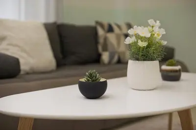 a white coffee table with three potted plants on it at Blue Dream Modern Piraeus Apt, Walk to Beach in Piraeus