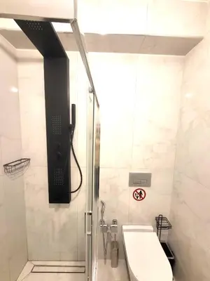 a bathroom with a shower with a toilet and a sink at Romantic Suite&GRANT Jacuzzi in Athens