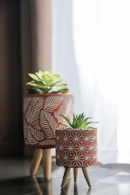 two potted plants are sitting on wooden posts at Athena City Apartment in Athens