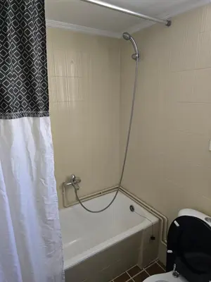 a bathroom with a shower curtain and a toilet at Large 1 bedroom Penthouse with Large Terrace in Athens