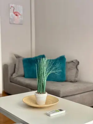 a living room with a table with a plant on it at Vivian modern apartment in Athens