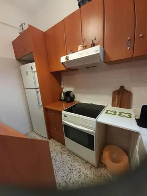 a small kitchen with a stove and a refrigerator at Eleni’s House near to Thisio in Athens