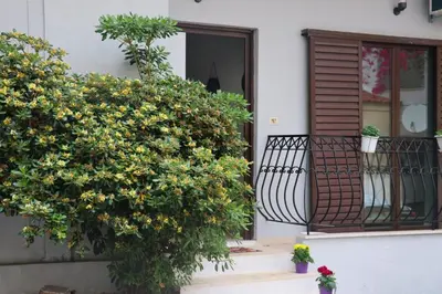 a front door of a house with flowers and a balcony at Athens Marialena Apartment in Athens