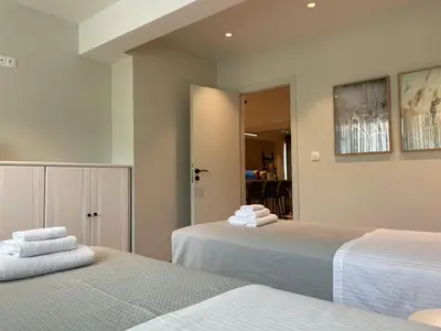 two beds sitting next to each other in a room at Modern & Spacious 3BR apartment in Athens