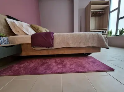 a couch in a living room with a purple rug at Ellis Apartment in Athens