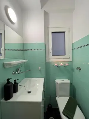 a bathroom with a sink and a toilet and a mirror at Green Oasis in the center of Athens in Athens