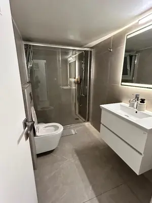 a bathroom with a shower and a toilet and a sink at SynPiraeus Apartments & Studios in Piraeus
