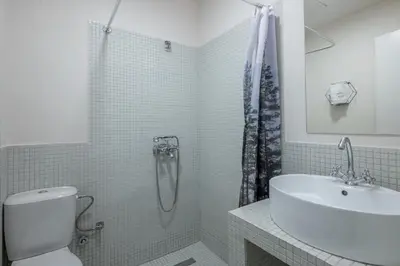 a bathroom with a shower and a toilet and a sink at Charlie in Athens