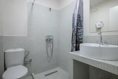 a bathroom with a shower and a toilet and a sink at Charlie in Athens