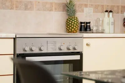 a kitchen with a stove and a pineapple on the counter at Omnia Maisonette by A&D Properties in Porto Rafti
