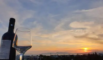 a glass of wine next to a bottle of wine at Skyline oasis rooftop in Athens