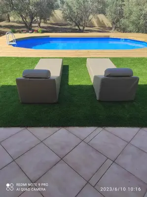 two couches sitting on the grass near a pool at Villa Lagonisi in Aghia Marina