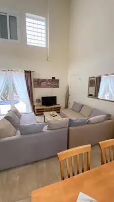a living room with couches and a tv and a table at Villa Lagonisi in Aghia Marina