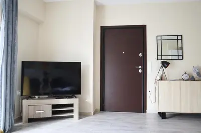 a living room with a flat screen tv and a door at Dafni City Apartment 1 in Athens