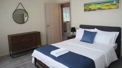 a bedroom with a large bed and a mirror at Dafni City Apartment 1 in Athens