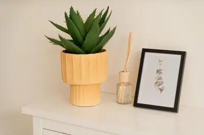 a plant in a wooden vase sitting on a table at Phos Apartment by A&D Properties in Porto Rafti
