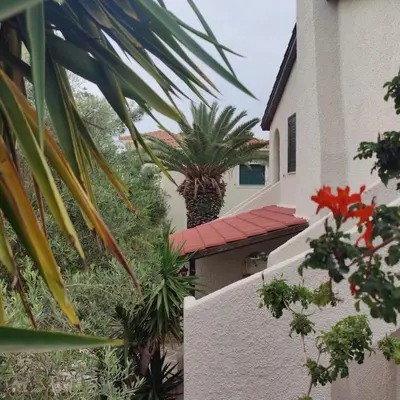 a building with palm trees on the side of it at Sylvia's house at Vagia in Vaia