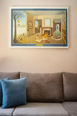 a painting of a living room with a couch at Μοντέρνο διαμέρισμα 2' από το μετρό in Athens