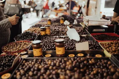 a display of olives at a farmers market at Greek Sea Villas Kaki Thalassa 400m to the beach ,Athens in Keratea