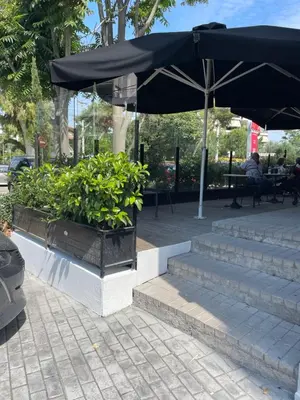 a set of stairs with a black umbrella and plants at URBAN SUITES ATHENS in Athens