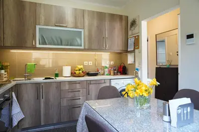 a kitchen with a table with a vase of flowers on it at Hill View Apartment near Acropolis in Athens