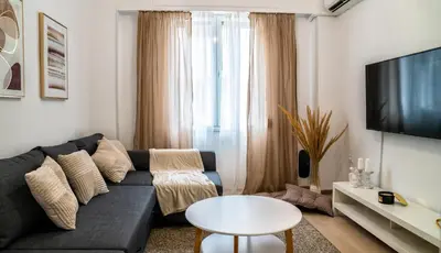 a living room with a couch and a tv at Lux Garden Apartment near Acropolis in the heart of Athens in Athens