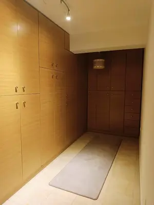a large closet with wooden cabinets and a rug at Sunset Sea Mini Studio Anavissos in Anavissos