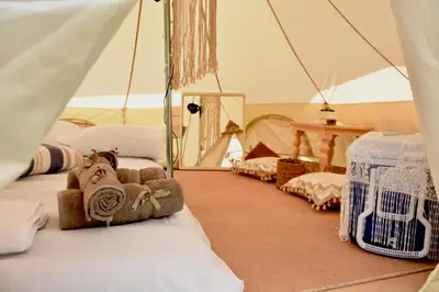 a room with two beds in a tent at Camping Tent Downtown & Garden Hanging Bed in Porto Rafti