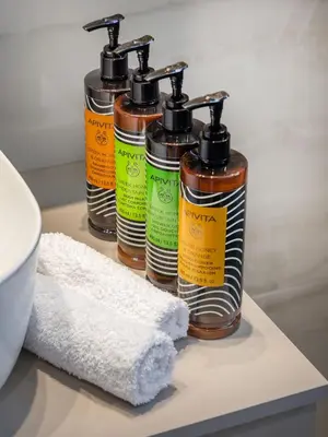 a group of three bottles of soap and a towel at Athens Riviera Penthouse in Athens