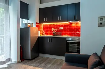 a kitchen with black cabinets and a red brick wall at Studio Apartment next to Alsos Ilision in Athens