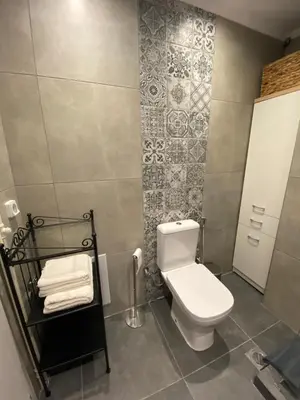 a bathroom with a white toilet and tiles at Nike’s Katechaki in Athens