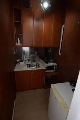 a small kitchen with wooden cabinets and a sink at Penthouse in the Heart of Athens in Athens
