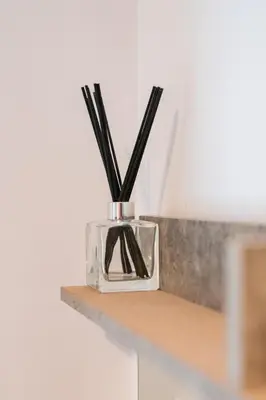 a vase with sticks in it sitting on a counter at Lux Modern Apt Ανακαινισμένο διαμέρισμα 150m από την πλαζ 'ΈΔΕΜ' in Athens
