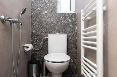 a small bathroom with a toilet and a shower at Twins apartments - museum in Athens