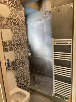 a small bathroom with a toilet and a shower at Lovely Maisonette next to Acropolis in Athens