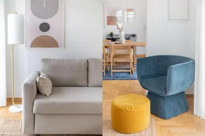 two images of a living room with a couch and a stool at Flawless 1BR Apartment in Athens by UPSTREET in Athens